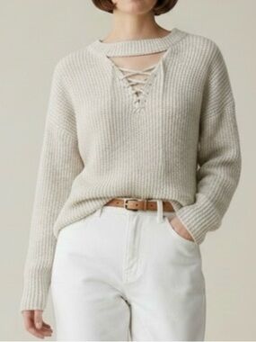 Devoted Sweater Lace Front Keyhole Neckline High  Low Hem Light Beige Small